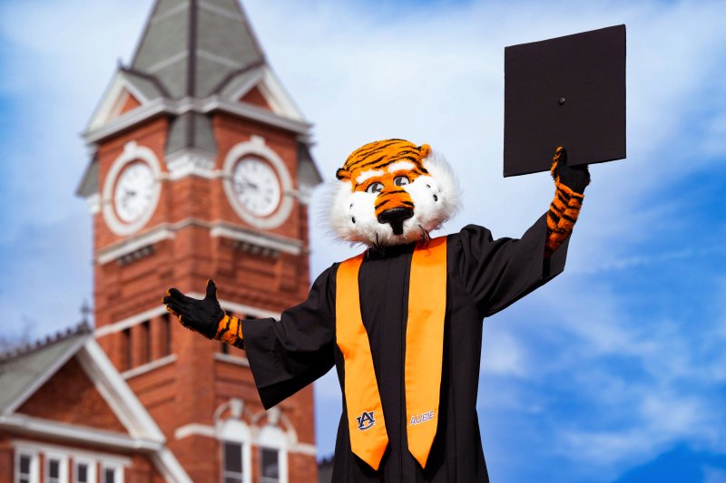 aubie with a graduation hat in front of samford hall