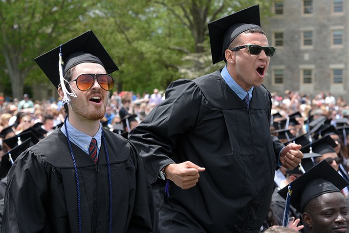 Graduating seniors celebrating in caps and gowns