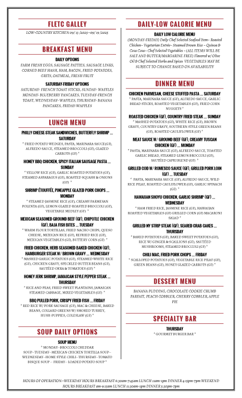 Week 2 Charleston FLETC ASRC Menu 09.13.25--09.19.25