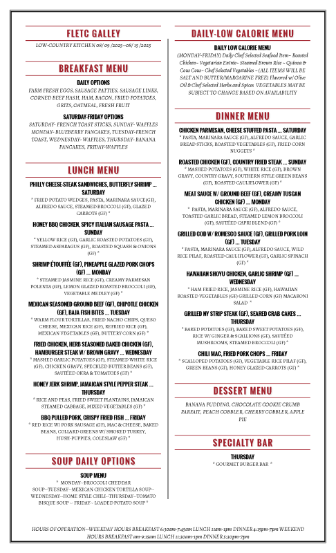 Week 2 Charleston FLETC ASRC Menu 08.09.25--08.15.25