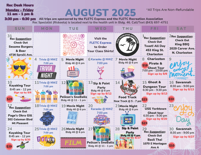 August 2025 FLETC Recreation Monthly Calendar