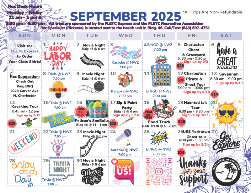 September 2025 FLETC Recreation Monthly Calendar