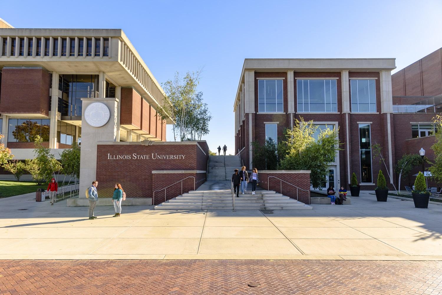 Milner Library and Bone Student Center with steps walking up to them.