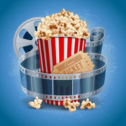 graphic depicting a movie ticket and bucket of popcorn.