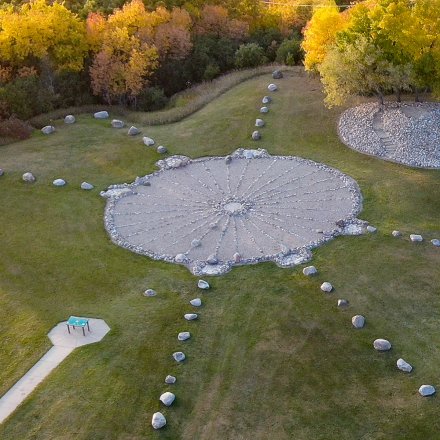 Aerial photo showing the large stone medicine wheel in Valley City.