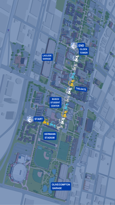 A line of car icons on a campus map shows the path of the golf cart parade from the parking lot behind Marchetti Towers East, winding through campus and ending at the Clock Tower Plaza.