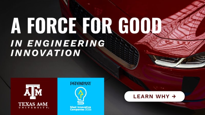 The front of a car. "A force for good in engineering innovation. Tap here to learn why."