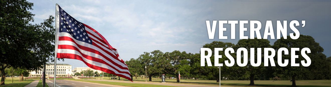 A flag flying in front of JK Williams. Text reads "Veterans' Resources"