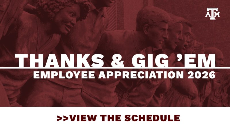 A maroon tinted image of people locked arm over shoulder together. Text reads "Thanks & Gig 'Em, Employee Appreciation 2026. Tap here to view the schedule."