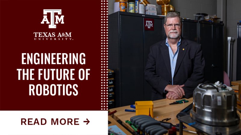 A man standing behind a desk with mechanical parts. "Engineering the Future of Robotics."