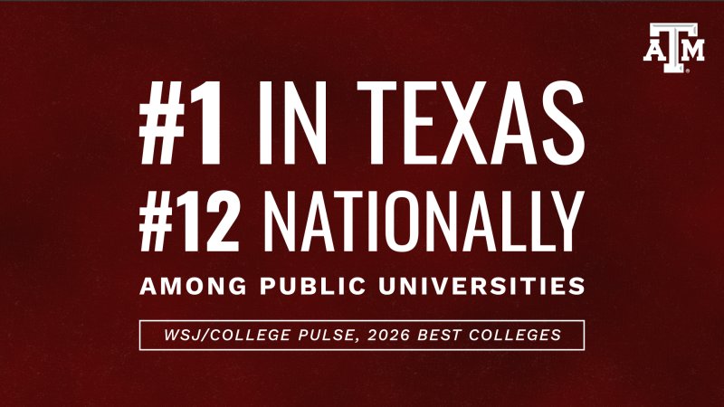 Card reads #1 in Texas, #12 Nationally Among Public University according to WSJ/College Pulse, 2026 Best Colleges
