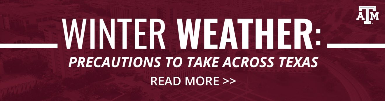 A maroon overhead image of Texas A&M University. Text reads "Winter Weathers: Precaution to take across Texas. Read More."