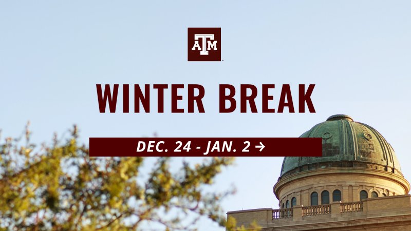 The top of the Academic Building behind a tree beneath a blue sky. Text reads "Winter Break December 24 through January 2" next to a white arrow.