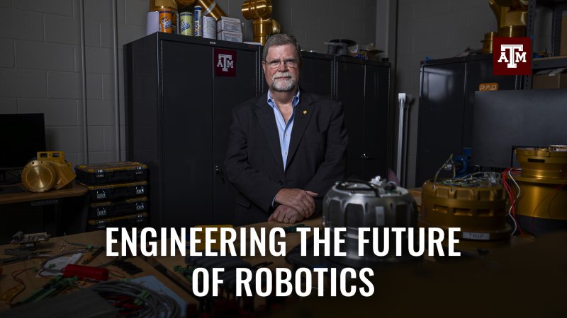Dr Robert Ambrose standing in his lab with mechanical parts. Text reads "Engineering the future of robotics".