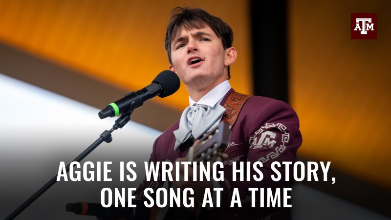 A young man singing into a microphone wearing a maroon coat. Text reads Aggie is writing his story, one song at a time.