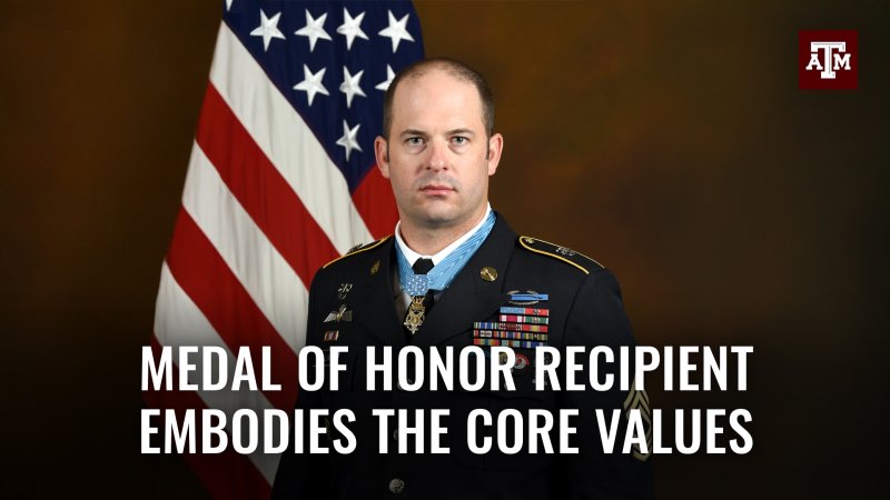 Sergeant First Class Matt Williams standing in dress uniform in front of an American flag. Text reads "Medal of honor recipient embodies the core values"