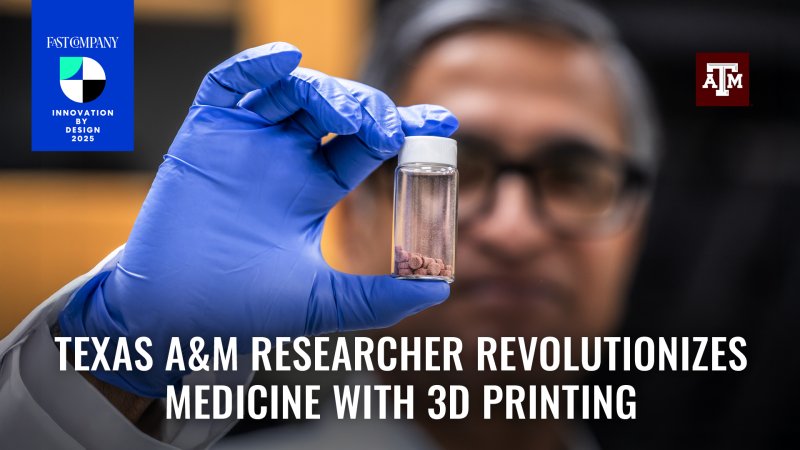 Dr. Mansoor Khan holding a clear vial up with 3D printed medication within. Text reads "Texas A&M Researcher revolutionizes medicine with 3D printing"