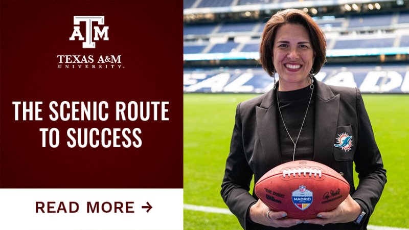 A woman holding a football on a football field. Text reads "The Scenic Route to Success. Tap here to read more.