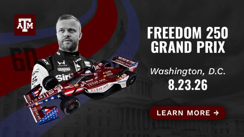 A black and white image of a man superimposed above an American themed racecar. Freedom 250 Grand Prix, Washington DC, 08/23/26. Tap here to learn more.