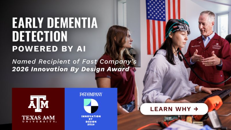A woman wearing a device on her head as a man speaks to a student behind her. "Early dementia protection powered by AI. Named receipient of Fast Company's 2026 Innovation by Design award. Tap here to learn why."