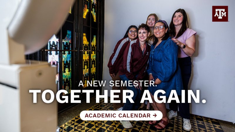 Five employees smile and pose together indoors next to stained glass, with text reading "A New Semester. Together Again." and a button labeled "Academic Calendar."