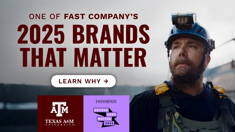A man in a hardhat and overalls looking ahead. Text reads "One of Fast Company's 2025 Brands that Matter"