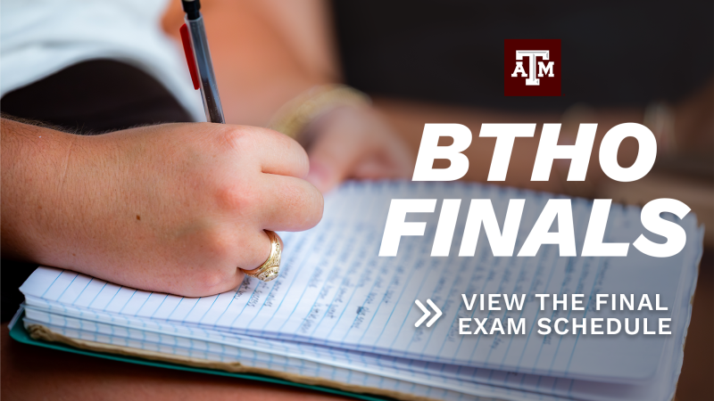 A hand writing with a pencil on a notebook. Text reads "BTHO Finals. View the Final Exam schedule."