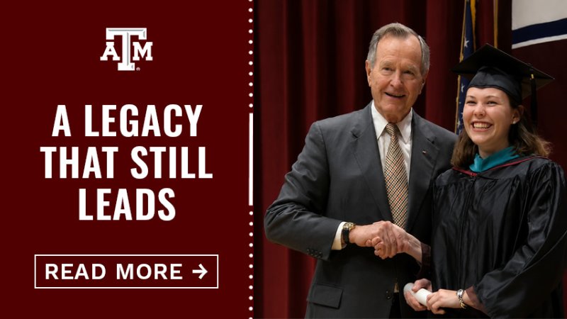 Former President George W. Bush shaking hands with a graduate. "A legacy that still leads. Tap here to read more."