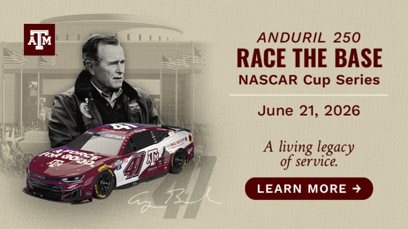 A picture of George Bush over Nascar Car #41. "Anduril 250, Race the Base Nascar Cup Series. June 21, 2026. A living legacy of service. Tap here to learn more."
