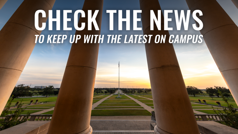 Image of JK Williams Pillars at sunset looking over the yard. The flag pole is framed between them. Text at the top reads, "Check the news to keep up with the latest on campus."