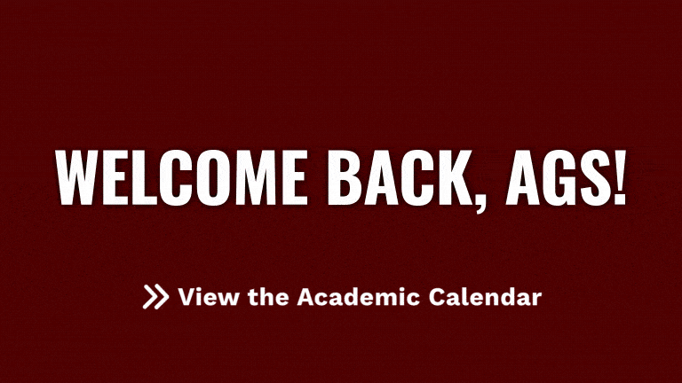 An animation cycling through different images of Texas A&M's campus behind the text "Welcome back, Ags! Spring 2026. Tap to view the Academic calendar."