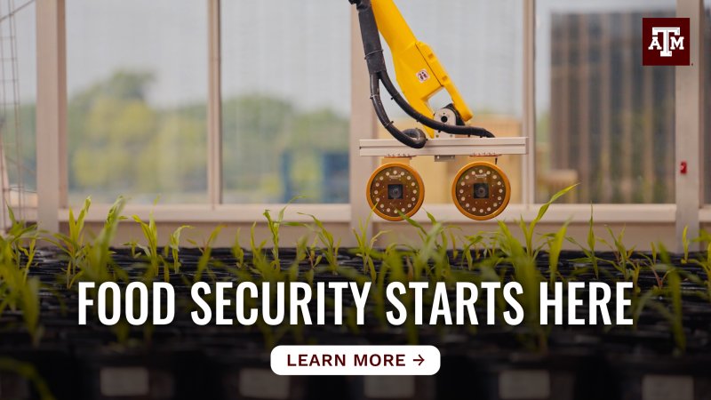 A machine performing tasks over a series of plants. Text reads "Food security starts here. Tap here to learn more."