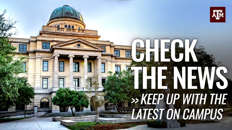 The Academic Building under a blue sky. Text reads "Check the news to keep up with the latest on campus."