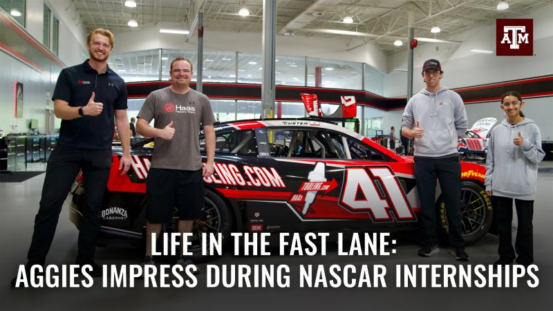 Four individuals standing in front of a race car giving Gig Em thumbs ups. Text reads Life in the fast lane: Aggies impress during Nascar internships