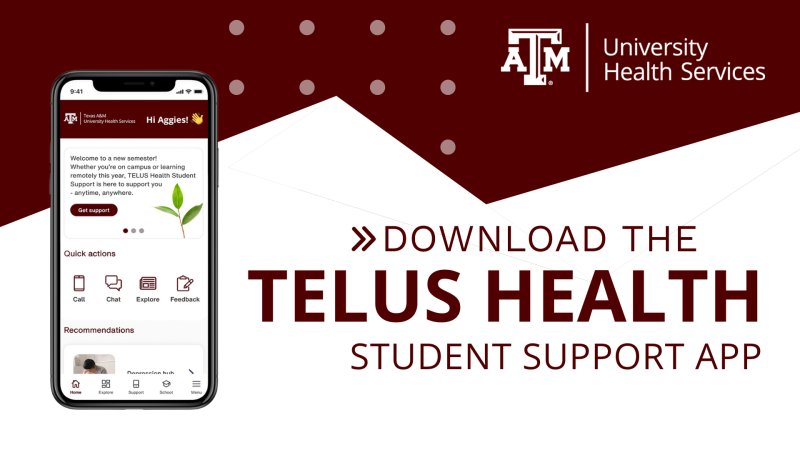A phone displaying a mental health app. Text reads "Download the Telus Health Student Support App."