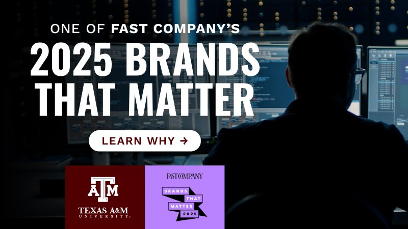 Back view of a person sitting at a desk with multiple computer monitors displaying code. Text overlay reads "One of Fast Company&rsquo;s 2025 Brands That Matter" with a button labeled "Learn Why." 