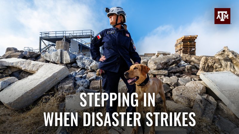 A rescue worker and dog standing together in rubble. Text reads "Stepping in when disaster strikes."
