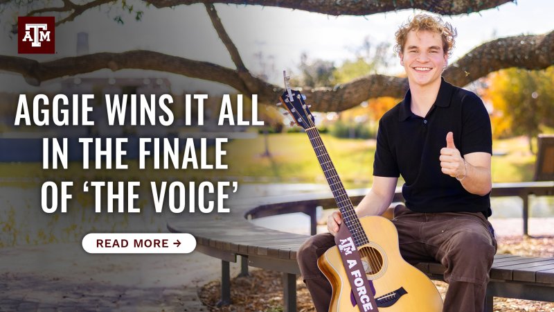 Aiden Ross sitting and holding his guitar giving a Gig 'Em thumbs up to the viewer, "Aggie Wins It All in the Finale of The Voice, tap to read more"