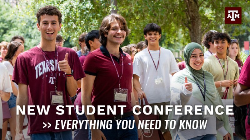 Students walking, smiling and looking at the viewer. "New Student Conference, everything you need to know."
