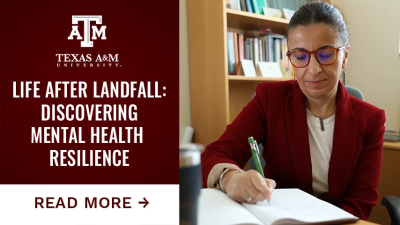 A woman writing in a journal. Text reads "Life after landfall. Discovering mental health resilience. Tap here to read more."