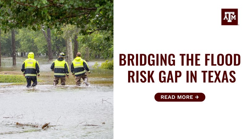 Emergency workers wading through water. Text reads "Bridging the Flood Risk Gap in Texas. Tap to read more."