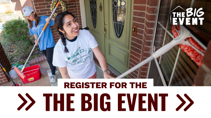 Two people clean the exterior of a brick house, one using a mop on a window and the other holding a paint roller near a red bucket. The image has "The Big Event" logo in the top right corner and a banner at the bottom reading "Register for The Big Event." 