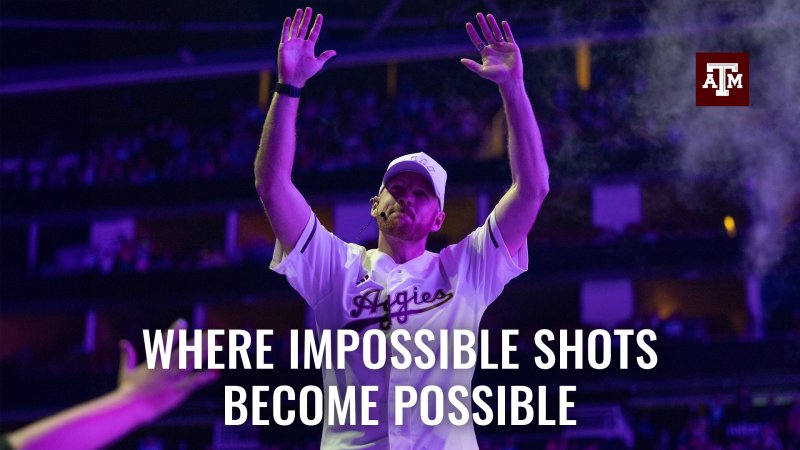A man wearing an Aggie jersey with his hands up in a celebratory fashion. Text reads "Where impossible shots become possible"