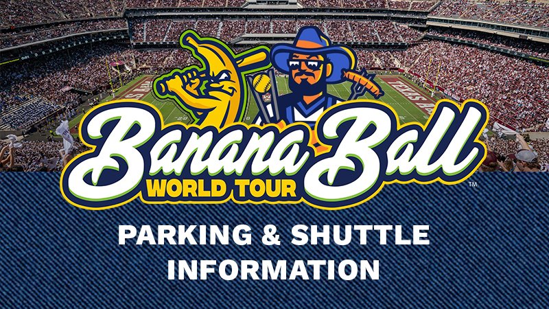 A man and a banana with a baseball bat in front of a stadium. Banana Ball World Tour Parking & Shuttle Information.