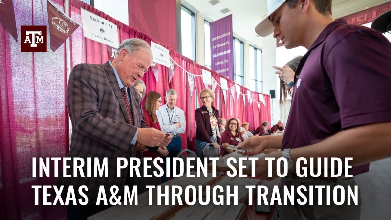 Interim President Tommy Williams preparing to hand a student his Aggie Ring. Text reads "Interim President Set to Guide Texas A&M Through Transition"