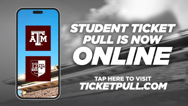 Graphic of a cell phone in front of a football stadium in black and white. Text reads Student Ticket Pull is now online. Tap here to visit Ticketpull dot com.