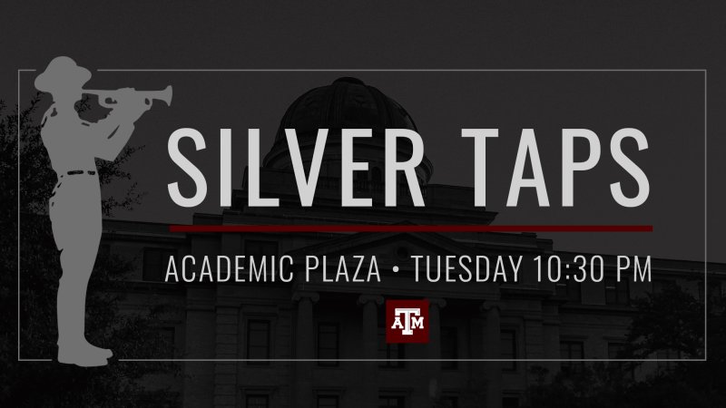 Grey silhouette of a cadet playing a bugle. Text reads "Silver Taps, Academic Plaza, Tuesday 10:30 PM"