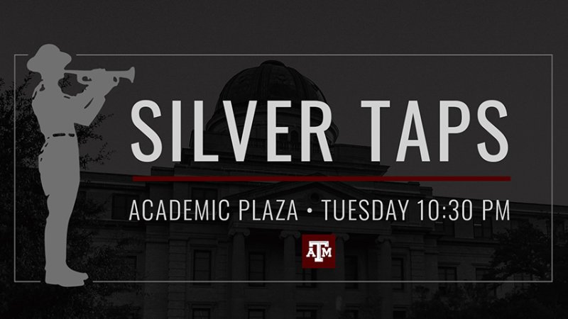 Grey silhouette of a cadet playing a bugle. Text reads "Silver Taps, Academic Plaza, Tuesday 10:30 PM"