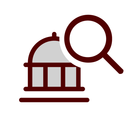 Building behind magnifying glass icon: Search