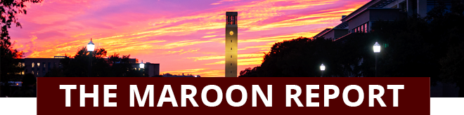 Albritton Bell Tower in front of a sunset sky. Text reads "The Maroon Report"